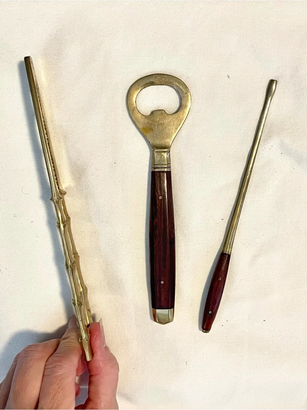 MCM~VNTG Japanese-3 Brass Bar Set Pieces ~ Opener/Cracker/Muddler -Brass & Teak